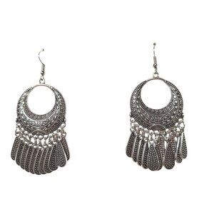 Silver Tone Crescent Teardrop Dangle Earrings